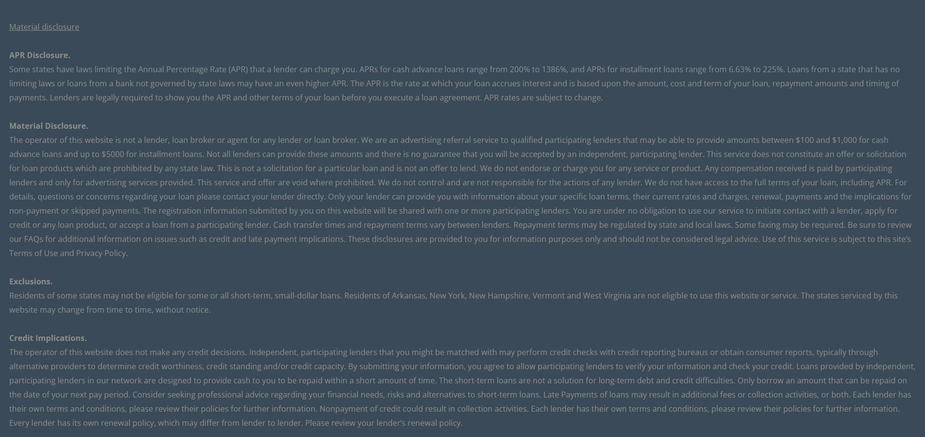 Material disclosure for payday loans in Pompano Beach Florida